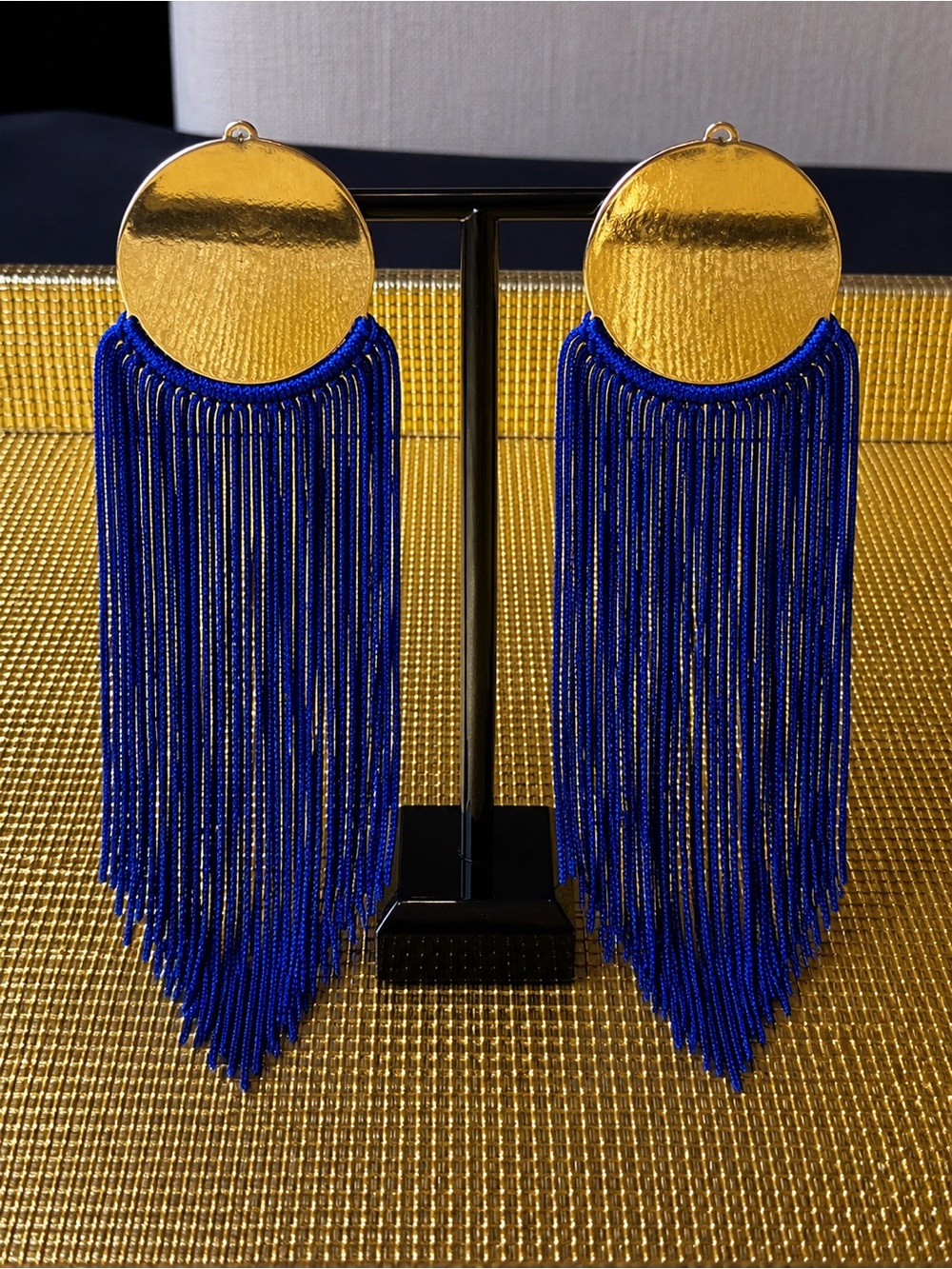 Gold Disc Blue Fringe Statement Earrings - Women Jewelry